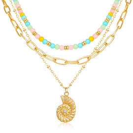 Multilayered Beaded Shell Necklace for Women, Bohemian Colorful Glass Beads Choker 3D Conch Sea Shell Pendant Necklace Textured Seashell Adjustable Gold Chain Boho Summer Beach Ocean Jewelry Gift