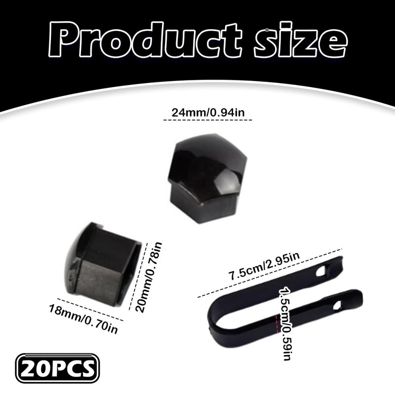 20 Pcs 17mm Wheel Nut Covers, Black Wheel Nut Caps