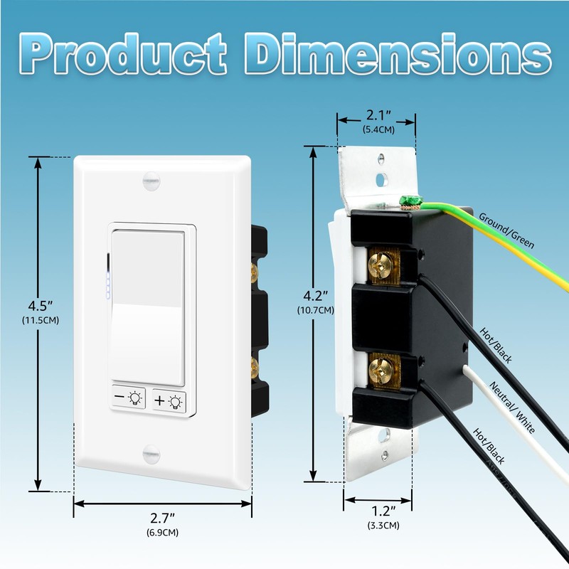 Dimmer Switch,NineLeaf 8PK Single Pole/3 Way, 3-300W LED & CFL,