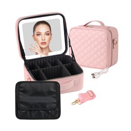 Makeup Case with LED Light Mirror, 10 Inch Portable Travel Cosmetic Organizer with Adjustable Dividers, Rechargeable, Large Capacity, Bright Lighting, Gift for Women Girls, Pink