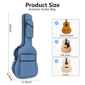 MUZTOP 39 40 41 Inch Guitar Bag Acoustic Guitar Case, Thick Padding Guitar Gig Bag with Comfortable Handle and Pockets (Blue)