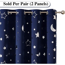 WUBODTI Navy Blue Star Curtains Blackout Kids Room Curtain 2 Panel Sets 63 Inch Length, Silver Star and Moon Patterned Short Curtains Grommets Thermal Insulated Space Drapes for Boys Bedroom