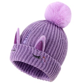 Cheerful Mario Baby Girls Knitted Hat Girls 3-9 Y Winter Warm Beanie Cosy Fleece Lining Cute Unicorn Pattern with Pom Pom Purple-A