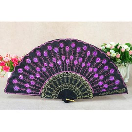 PRETYZOOM Hand Fan for Women Fashionable Fan Stylish Flower Dance Fans Purple Peacock Sequin Fan Dancing Fans Folding Fan Embroidered Hand Fan Fabric Miss Purple