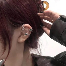 Yheakne Punk Emerald Snake Ear Cuff Earrings Silver Snake Cuff Wrap Earrings Gothic Serpent Cuff Earrings Green Crystal Cartilage Cuff Clip On Earrings Jewelry for Women