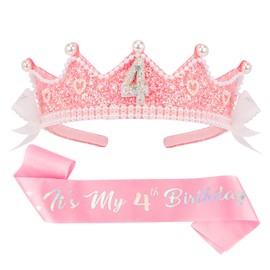 CUBACO Birthday Crown Headband Birthday Girl Crown and Sash, Birthday Girl Headband Princess Pink Crown 4 Year Old Girl Birthday Gifts Outfit Birthday Decorations,Suitable for Party Favors Decorations