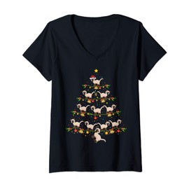 Womens Munchkin Cat Xmas Tree Gift Santa Hat Munchkin Cat Christmas V-Neck T-Shirt
