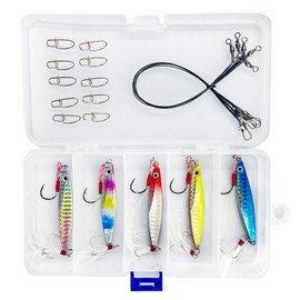 Fishing Lure Set, Metal Jig Set, Holds with Distance, Includes 5 Wire Leaders and 10 Quick Snaps, Sea Bass, Blue Fishing, Hairtail, Flounder, Iron Plate Vibe, Assist Hook, 5 Color Set, 0.8 oz (21 g),
