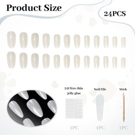 LunarCharm 24 Stück weißen Aurora-Nägeln in mittlerer Mandelform zum Aufdrücken, Mittelgroße künstliche Nägel, mandelförmig, glänzend weiß, vollständige Abdeckung