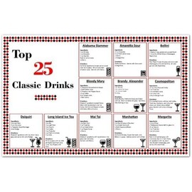 Laminated Bar Cocktail Mixed Drink Recipe Chart - Top 25 Classic Drinks - Perfect Party Drink Guide