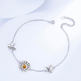 J.MUEN Anklet 925 Silver for Women, Daisy Sunflower Anklet for Summer Beach Jewellery Gift for Women Girls, Adjustable Anklet 22 + 4 cm, Sterling Silver, Cubic Zirconia