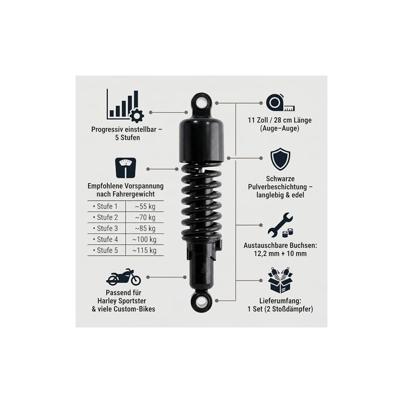 Shock Absorber Progressive Adjustable Black for Harley Honda Suzuki Lowering