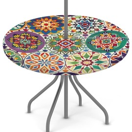 Peaom Colored Mandala Flower Pattern Outdoor Tablecloth with Umbrella Hole, Round Elastic Fitted Table Cloth with Zipper, Waterproof Picnic Patio Table Covers Fits 45-56 in Tables