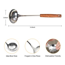 FJNATINH Soup Ladle, Food Grade Stainless Steel Ladle, Cooking Soup Spoon Kitchen Tools with Heat Resistant Wooden Handle, 13.7 Inches