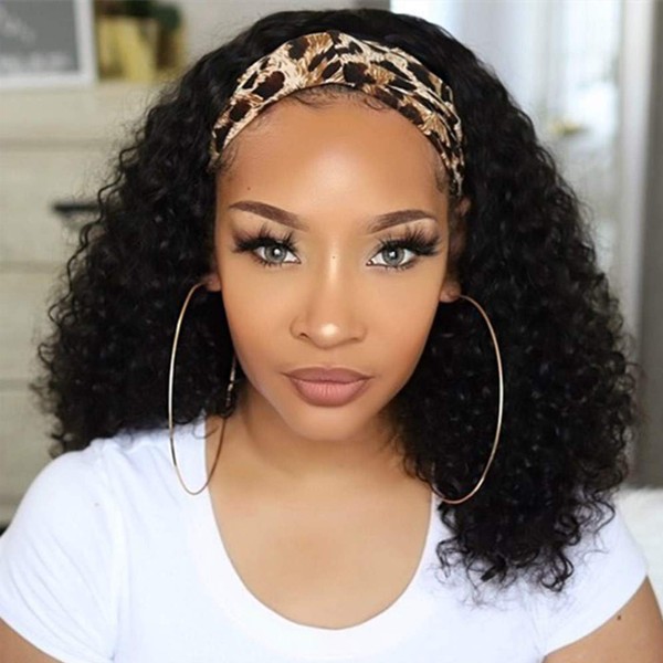 Headband Wigs for Black Women-Brazilian Virgin Human Hair Kinky Curly None Lace Front Wigs 150% Density Machine Made Wigs with Attached Natural Color (20 inch, Headband Kinky Curly Wigs)