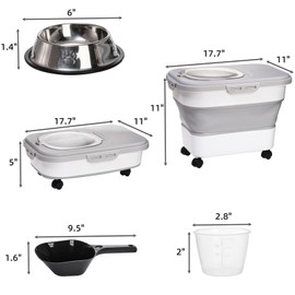 Acshio Dog Food Storage Container, Collapsible Airtight Pet Cat Food Bin with Dog Bowl, Wheels, Scoop and Measuring Cup, 20 Lb Kitchen Rice Cereal Flour Bin, Keep Fresh for Dog, Cat, Bird