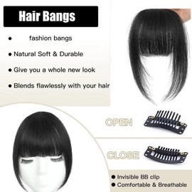 Spiferpo Clip-in Hair Bangs Extensions,with Invisible Clips Airy French and Air Bangs Thin Hair with Temple Coverage for Women Curved Bangs Easy to Style for Daily Wear (Pure Black, French bnags)