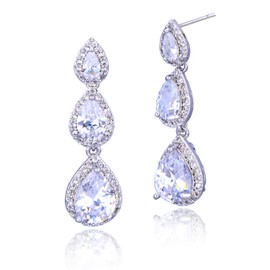Cubic Zirconia Bridal Earrings Silver - Elegant Sterling Silver Teardrop CZ Wedding Party Prom Earrings for Bride Bridesmaids Crystal Rhinestone Diamond Zircon Dangle Drop Earrings for Women