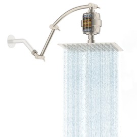 Hibbent All Metal Rain Filtered Shower Head, 10'' High Pressure Rainfall Showerhead with 16" Shower Extension Arm, 20 Stage Shower Filter, Solid Brass Adjustable Shower Arm Extender, Brushed Nickel