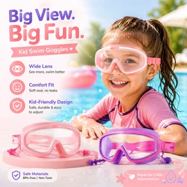 Kids Swim Goggles for Boys & Girls – Panoramic Anti-Fog UV Protection Swimming Glasses with Wide HD View, Leak-Proof Soft Silicone Frame & Adjustable Strap for Swimming Training
