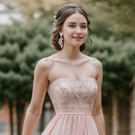 BriLove Women's Wedding Bridal Clip Earrings for Women Rhinestone Crystal Teardrop Multi Marquise Cluster Bling Dangle Chandelier On Pink Gold-Toned