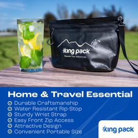 King Pack Dry Bag - Water Resistant Carrying Bag - Durable Storage Pouch - Wrist Strap and Front Zip Access - Secure and Stylish Storage for Home or Travel - Black - 10 ¼" x 8" x 4 ¾"
