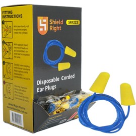 Shield Right 100 Pairs Corded Earplugs, Individually Packaged, Soft PU Foam Corded Ear Plugs, For Safety Hearing Protection, Sleeping, Working, Studying & Travel (Yellow, One Size)