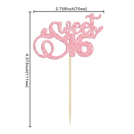 24 piezas de decoración para magdalenas Happy Sweet 16 con purpurina para 16 cumpleaños de 16 años, decoraciones para magdalenas de 16 años, suministros de decoración para tartas de 16 cumpleaños, aniversario, color rosa