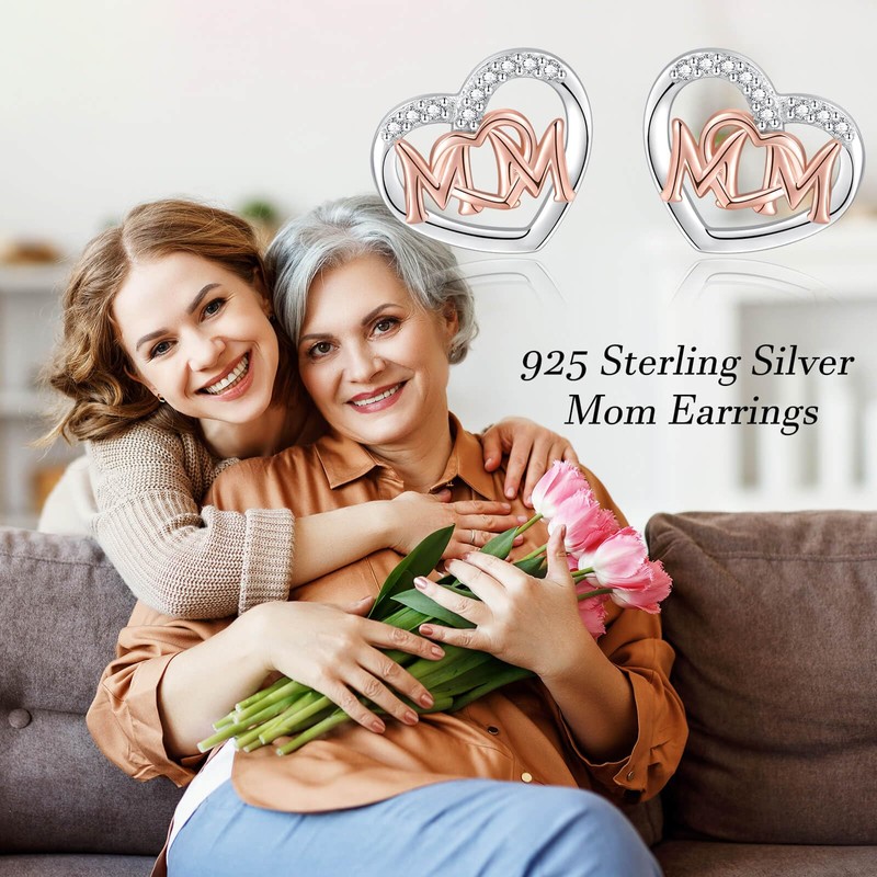 MOM Stud Earrings 925 Sterling Silver for Women - Heart