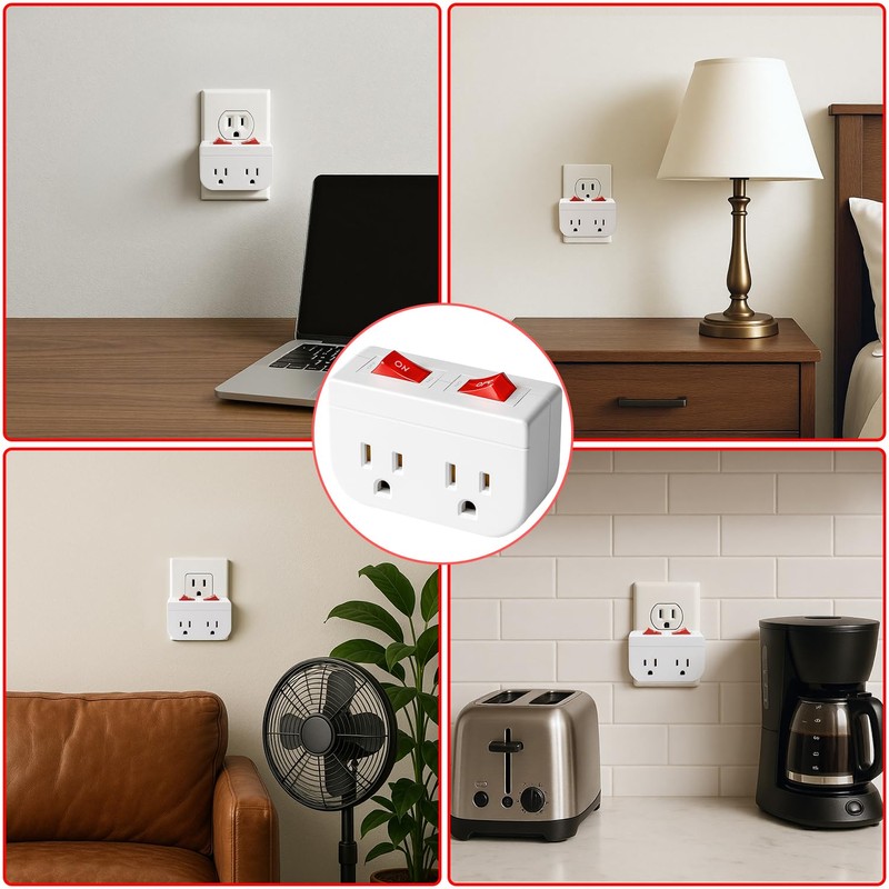 Oviitech Grounded Outlet Wall Tap Adapter with Red Indicator On/Off
