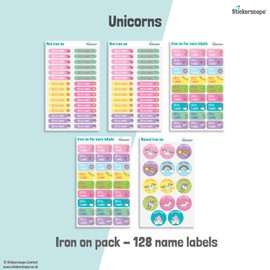 128 Stickerscape Iron on School Name Labels for Children - Iron on Name Labels - School, Pre-School and Nursery - Labels for School Uniform, PE Kits, Clothing (Unicorns)