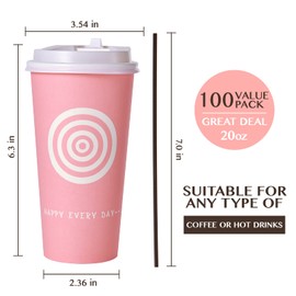 JollyPack 20 oz Paper Cups, 100 Pack Disposable Coffee Cups with Lids and Stirrers, Hot Paper Cups for Cold/Hot Coffee, Juice, Tea. To Go Coffee Cups for Home, Store and Cafe (Pink and Green)