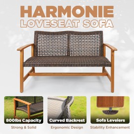 IDZO Harmonie 800lbs Capacity Outdoor Furniture, FSC Certified Sofa with Upgraded 2000 Hours UV Resistant Wicker, Teak Finish Porch Couch, Acacia Patio Loveseat_Ash Beige