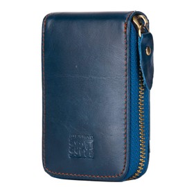 BRASS TACKS Leathercraft Credit Card Holder Genuine Leather Vintage RFID Protection Zip Multi-Compartment Card Holder Wallet Unisex (Navy Blue)