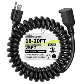 Vockjour 18AWG 20ft Black Coiled Extension Cord, 3 Prong Flexible Spiral Power Cord for Standing Desk, Garage, Workshop, Electric Tools (Circular Saw, Drill), Lift, 10A/125V/1250W, ETL Listed