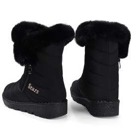 SHIBEVER Winter Waterproof Boots for Women: Fur Lined Snow Mid Calf Warm Women Boot Black Size 8 Outdoor Resistant Short Fashion Booties