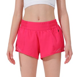 Aurefin Girls Athletic Shorts, Lightweight Running Shorts for Teen Girls Kids Sports Active Shorts with Zip Pocket and Elastic Hot Pink/L