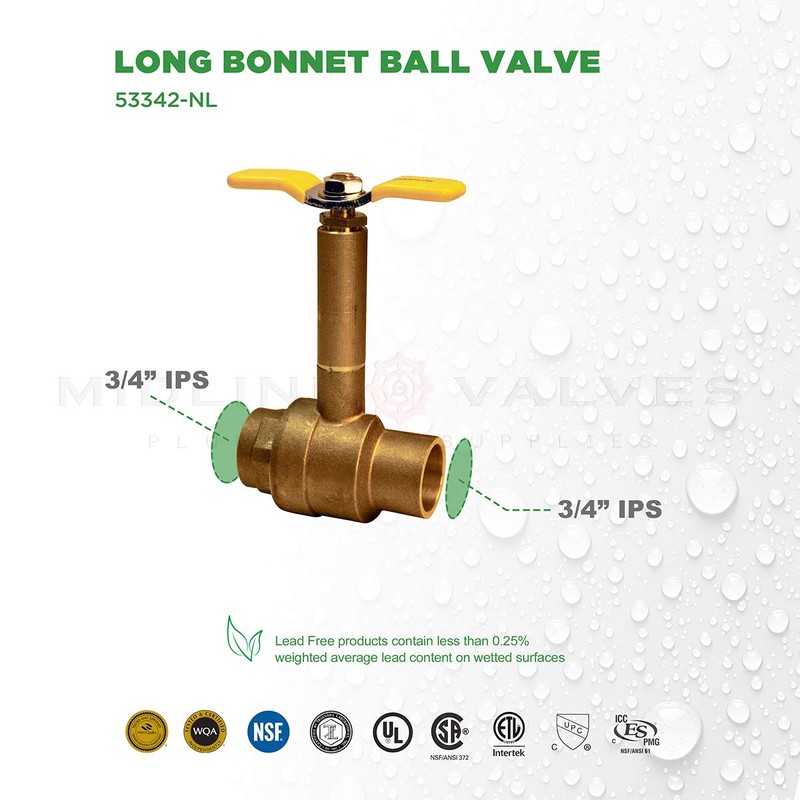 Midline Valve 75564 Premium Brass Ball Valve, Long Bonnet with