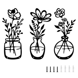 Velicber 3 Pieces Black Metal Flowers Wall Decor Metal Vase Flowers Wall Arts Minimalist Flower Wall Decors for Bathroom Wall Art, Living Room, Bedroom Decor (Black, Vase-B)