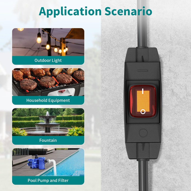 FIRMERST 1875W Outdoor Extension Cord with Switch Waterproof Black 3