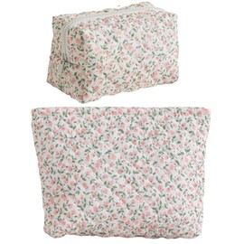 2 Pack Quilted Cotton Makeup Bags for Women,Large Cosmetic Organizer Pouches,Portable Travel Toiletry Bags Cute Small Brushes Storage Pouch Zipper for Purse,Floral Pink