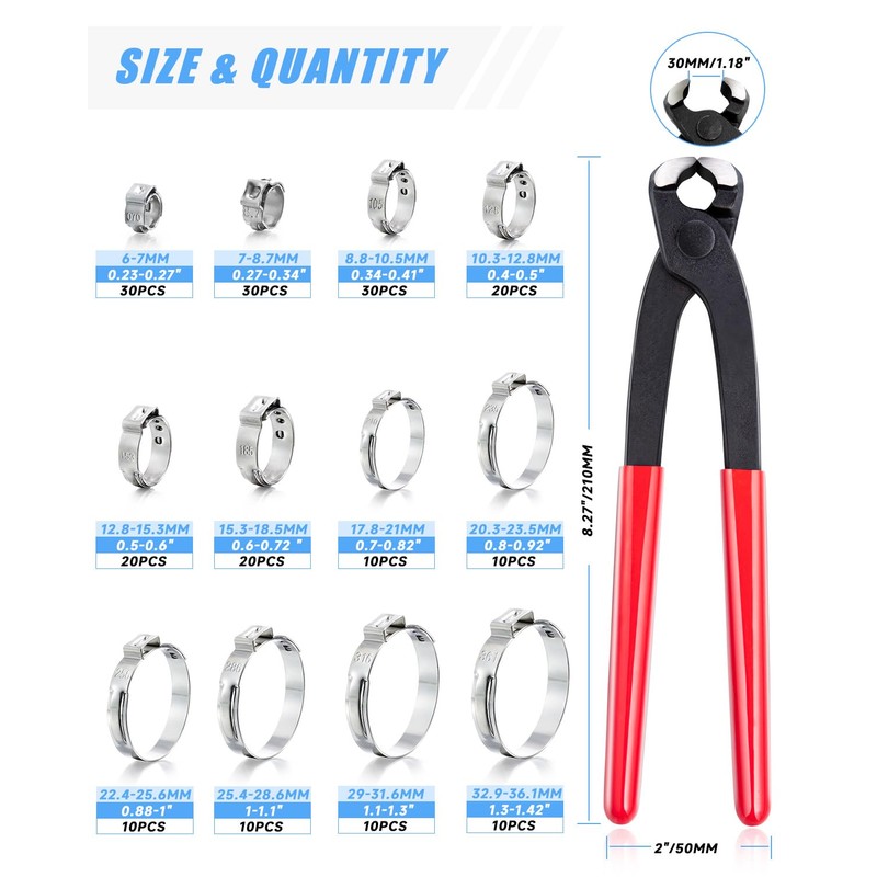 PEROMI 210PCS 304 Stainless Steel Single Ear Hose Clamp Assortment