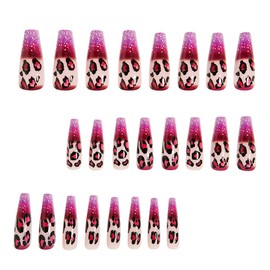 Long Press on Nails Square Coffin Fake Nails Glossy Ballet Acrylic False Nail Kits Full Cover Glitter Purple Gradient French Glue on Nails with Leopard Print Designs Stick on Nails for Women 24PCS