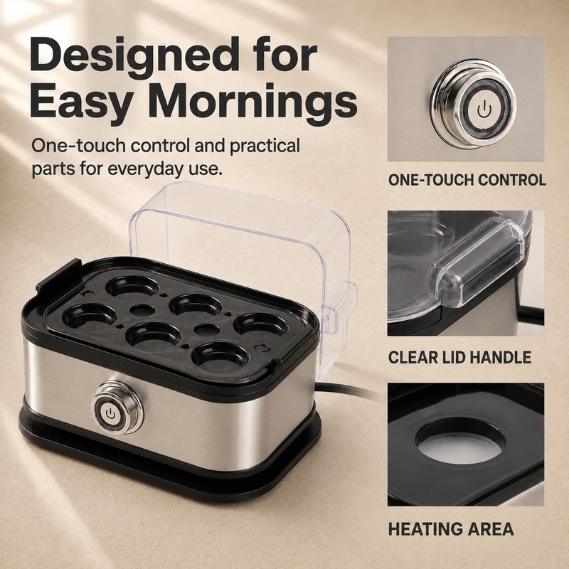 6-Egg Electric Egg Cooker, Stainless Steel Body, Auto Heat Shut-Off