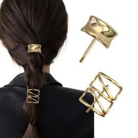 Ypkia Pack of 2 Hair Cuffs for Ponytail with Metal Buckle Cuff Hair Clips for Hair Bobbles Punk Hair Holder Gold Ponytail Cuff (Gold-1)