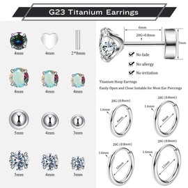 Versatile 8 Pairs Titanium Earrings for Sensitive Ears - Dot Ball Opal Cubic Zirconia, 20 Gauge, Pure Titanium Stud and Hoop Earrings Set - G23 Titanium Earrings with Flat Back for Women (E-Silver Tone-16Pairs)