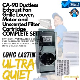 Ductless Exhaust Fan Grille Louver, Motor, Unscented Filter Cartridge and Metal Housing, Bathroom Ventilation Wall-Ceiling Ductless Fan Set for Apartments, Condominiums, Hotels -COMPLETE UNIT (WHITE)