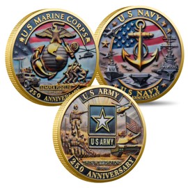 250th Anniversary US Military Commemorative Coin – Army, Navy, Marine Corps, Patriotic Challenge Coin, Veterans Appreciation Gift (ABC#)