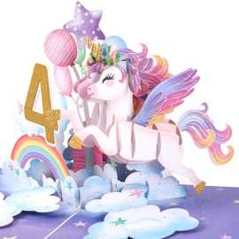 Liif Unicorn Happy 4th Birthday Card, 3D Pop Up Birthday Card for 4 Year Old for Kids, Girl, with Message Note & Envelop, Size 7 x 5 inch