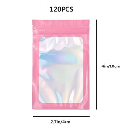 120 Pcs Resealable Bags Clear Holographic Foil Pouch bags for reusable, Smell Proof with Zipper and Window, Flat Aluminum Airtight Baggies Candy, Food, Eyelash, Lip Gloss Packaging